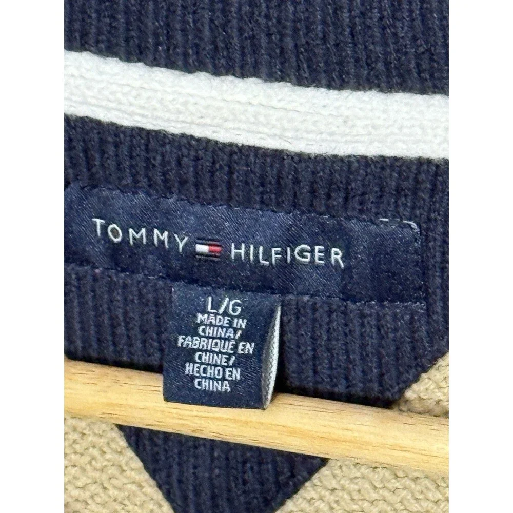 Tommy Hilfiger Quarter Zip Sweater Mens L Beige Tan Navy Collar Flag Logo Knit